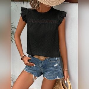 Chic Eylet Lace Full Size Black Ruffle Sleeve Women's Blouse- Sizes - S - 2X